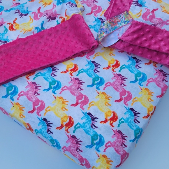 handmade Bedding 3 Set Lovely Unicorn Print And Pink Minky Bed Set